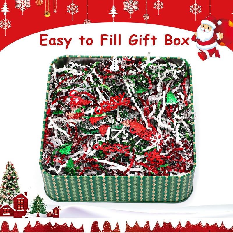 Jansun 1 LB Christmas Crinkle Cut Paper Shred, Metallic Red Green White Raffia Cut Paper Shred Filler with Xmas Tree Snowman Santa Confetti for Gift Wrapping Craft Basket Filler Christmas Gift Decorations - Image 3